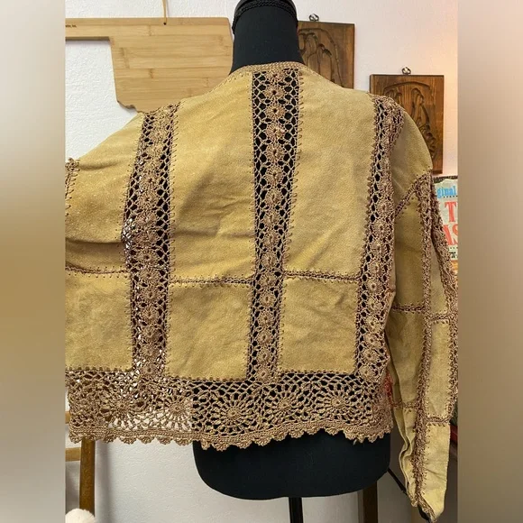 Unique OOAK Hippie Patchwork Leather Crochet Crop Jacket Top Blouse Handmade Sz? - Picture 6 of 16